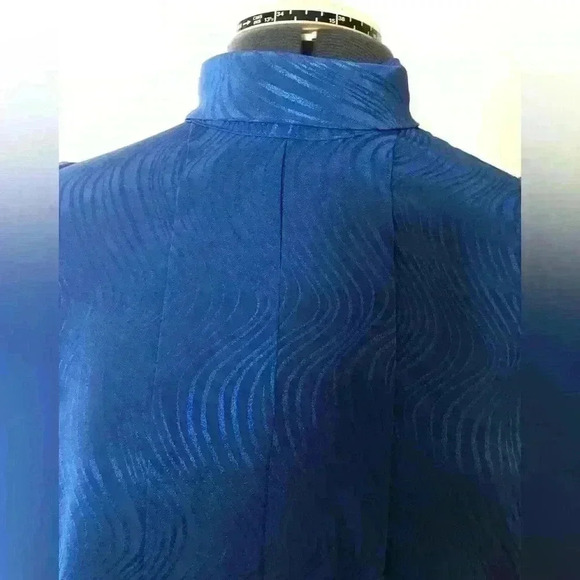 VTG 80s Blue Polyester Front Pleated Long Sleeve High Collar Blouse Women Large - Picture 4 of 9